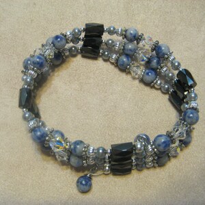 Wrap bracelet, magnetic beaded silver and blue bracelet, sodalite and crystal gemstone bracelet, sparkly cuff bracelet, casual boho jewelry