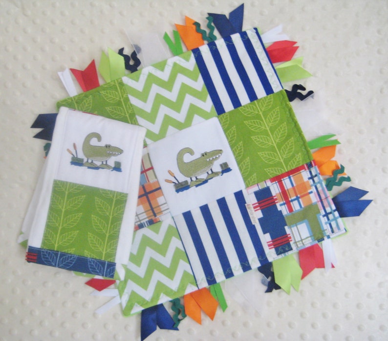 Alligator embroidered baby burp cloth and 12 inch ribbon trim lovie baby shower gift set baby boy layette madras navy /& green patchwork