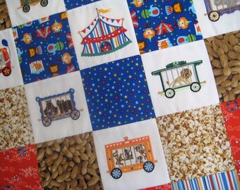 Circus Train embroidered baby quilt in primary colors, MADE TO ORDER nursery bedding, childrens patchwork minky blanket, animal crib quilt