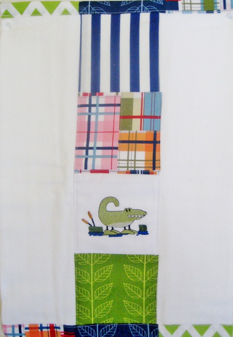Alligator embroidered baby burp cloth and 12 inch ribbon trim lovie baby shower gift set baby boy layette madras navy /& green patchwork