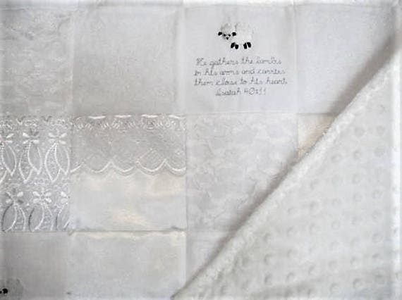 Precious Blessing MADE TO ORDER embroidered keepsake baby quilt, white christening/baptism blanket in satin, lace, swiss dot, eyelet, minky