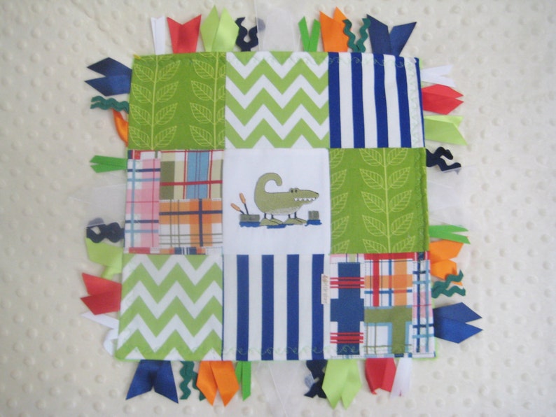 Alligator embroidered baby burp cloth and 12 inch ribbon trim lovie baby shower gift set baby boy layette madras navy /& green patchwork