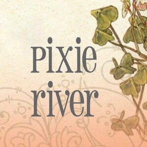 May include: A digital illustration of the words "pixie river" in a whimsical font with a floral background.