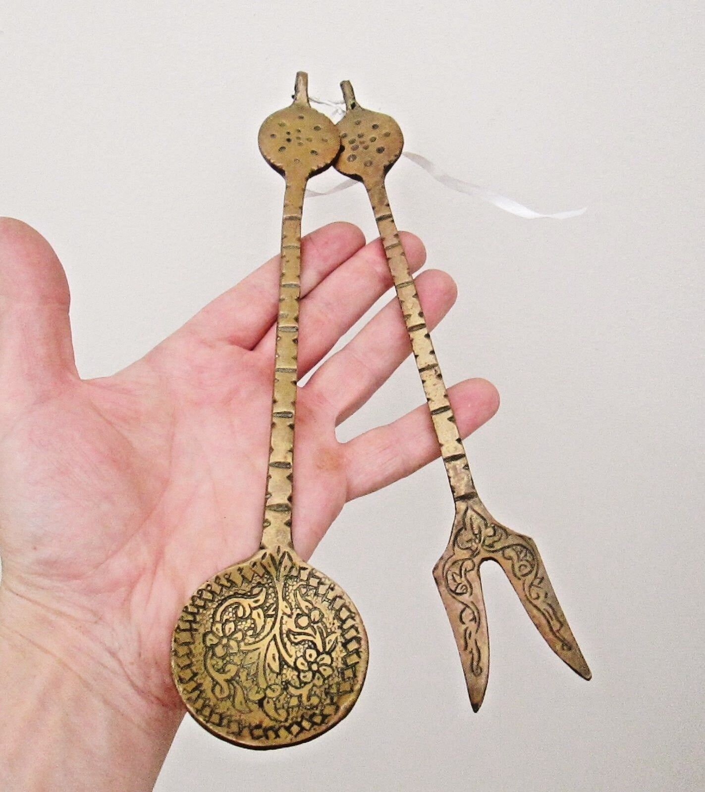 Old Oriental Chinese Brass Serving Fork and Spoon Bamboo Etsy