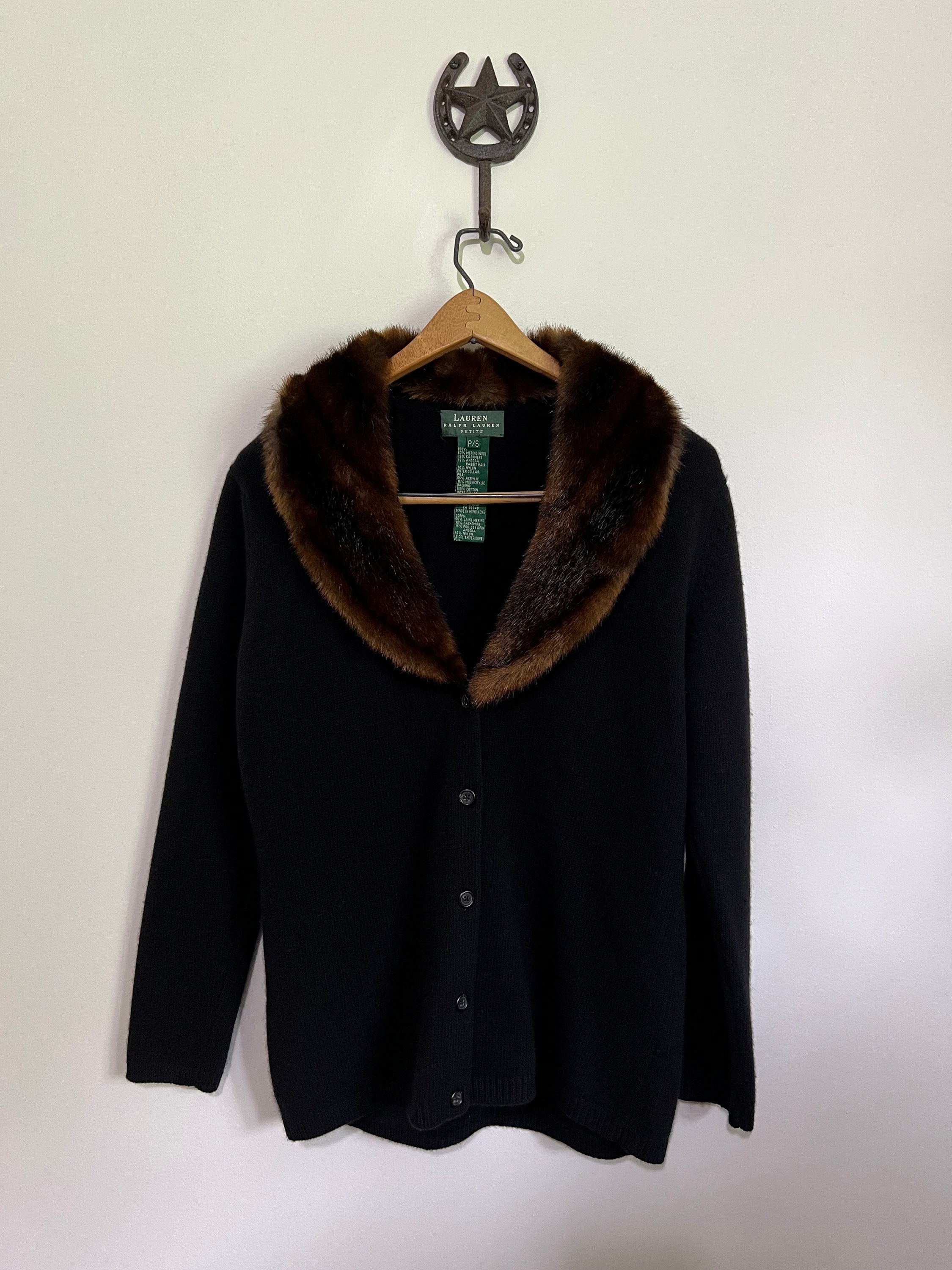 Vintage Ralph Lauren Cardigan With Rabbit Fur Collar, Women's