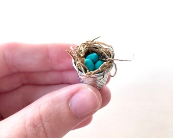 Tiny Nest/ Miniature Nest/ Tiny Eggs/ Nest in a Thimble/ Thimble Nest/ Spring Miniatures/ Tiny/ Mini/ Robins Eggs/ Blue Eggs/ Tiny Spring