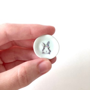 May include: A small white ceramic plate with a gray bunny wearing a floral crown. The plate is about the size of a quarter.