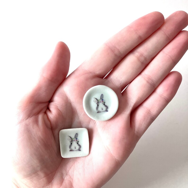 May include: Two small white ceramic plates with a bunny rabbit design. The bunny is wearing a flower crown and has a light gray and white fur pattern.