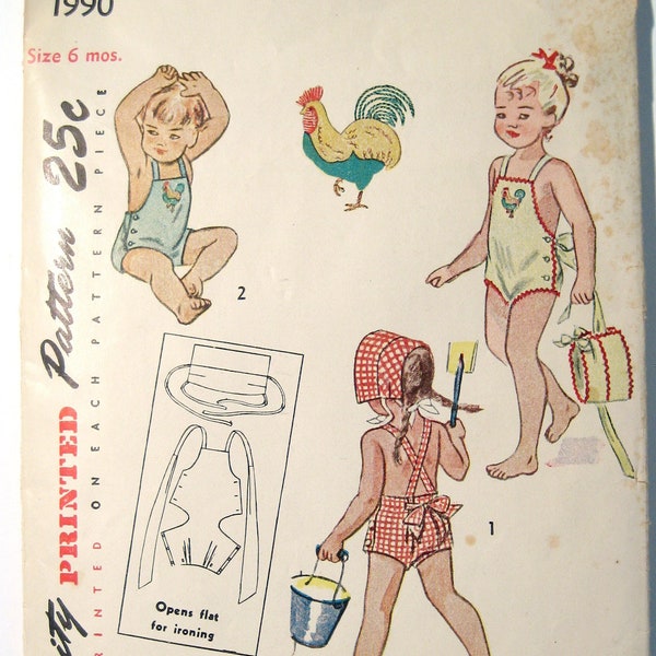 Vintage 40s Toddlers' Sunsuit and Bonnet.  Simplicity 1990 Sewing Pattern.  Size 6 MOS