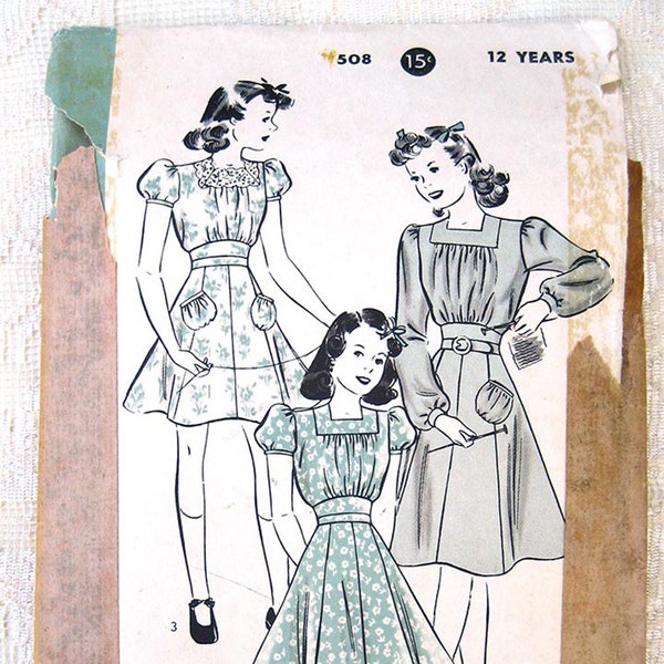 Vintage 40s Girl's One-Piece Dress.  Gored Skirt, Puff Sleeve. Hollywood Sewing Pattern 508.  Size 12,  Bust 30,