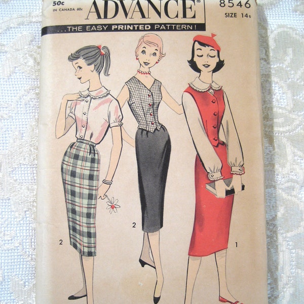 Vintage 50s Teen Peter Pan Collar Blouse, Wiggle Skirt and Weskit.  Advance Sewing Pattern 5626. Size 14s Bust 33"