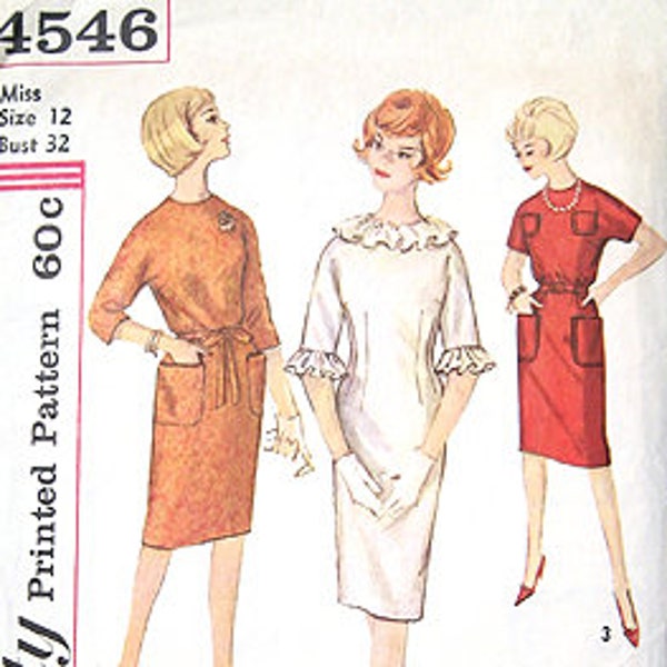 Vintage 60s One Piece Dress, Kimono Sleeve. Simplicity 4546 Sewing Pattern. Size 12  Bust 32"