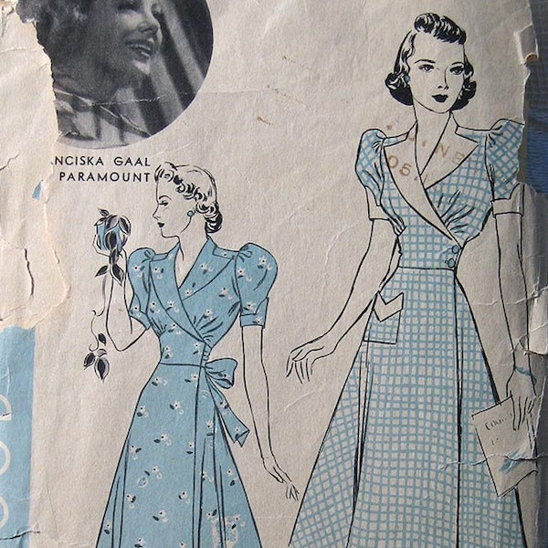 40s Apron Frock Dress or House-Coat "Sew-Simple". Hollywood Sewing Pattern 1902.  Bust 34"