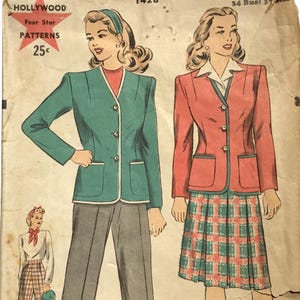 May include: Vintage Hollywood Four Star Patterns sewing pattern. The illustration shows a woman in a teal blazer with white trim and gray pants, and another in a red blazer with a plaid skirt. The pattern is marked 25¢.