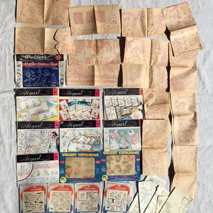 Lot of 50's Embroidery Transfer Patterns. Vogart, Aunt Martha Workbasket.  Kittens, Days of the Week, Cowboy, Cartoon Animals, Flowers etc.