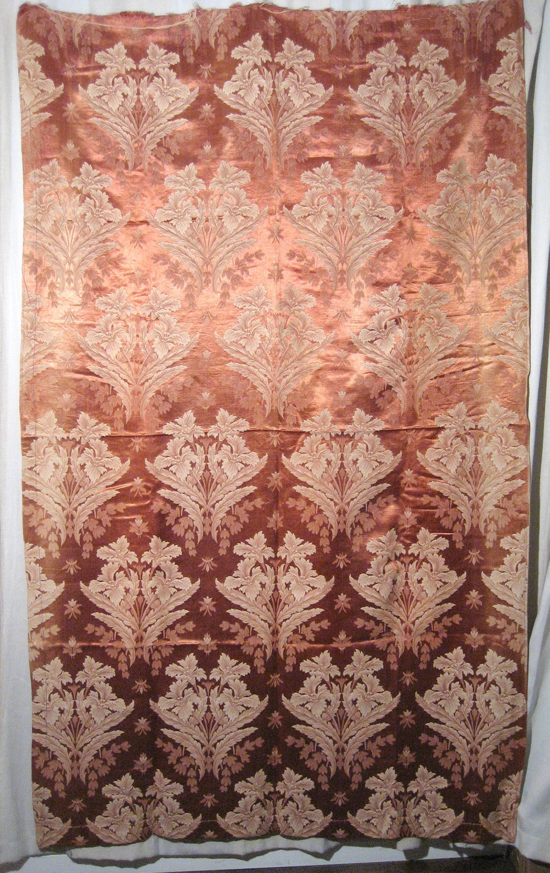 Vintage 40's Copper and Ivory Floral Damask Jacquard Drapery Panel. 44