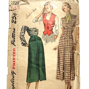 May include: Vintage Simplicity pattern 2720, size 16, featuring illustrations of women's clothing designs. The designs include a green skirt, a red vest, and a checkered dress. The pattern is printed on aged paper with the text "Simple to Make".