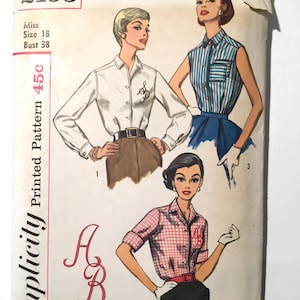 Vintage 50s Monogram Shirtwaist Blouse 3 Styles, Simplicity 2195 Sewing Pattern. Size 18 Bust 38&quot;