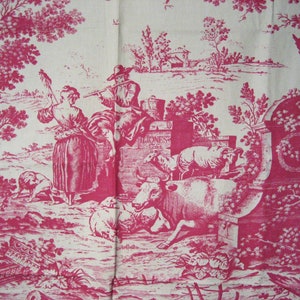 Rare Vintage 50&#39;s Schumacher Williamsburg Jones Toile Fabric. Ecru with Red Print. Original Tag, 2YDS, Pastoral Print
