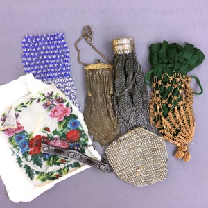 Antique lot of 7 Victorian Deco Purses and Parts. Mesh, Rhinestone, Micro Beaded. Repair or Salvage.