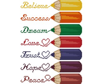 Set of 7 pcs bookmarks, cross stitch pattern with colored pencils, embroidery chat with wishes, aida band pattern