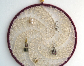Earring Holder in Gold, Jewelry Display Organizer - Fiber Art Wall Hanging
