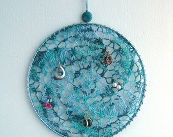 Earring Holder - Blue Sparkle Jewelry Display Organizer - Fiber Art Wall Hanging
