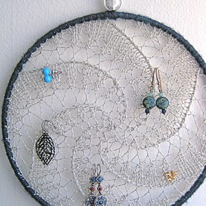 Earring Holder, Hanging Fiber Art Jewelry Organizer - Silver w/ Blue Shimmer Border