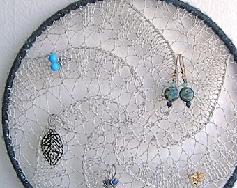 Earring Holder, Hanging Fiber Art Jewelry Organizer - Silver w/ Blue Shimmer Border