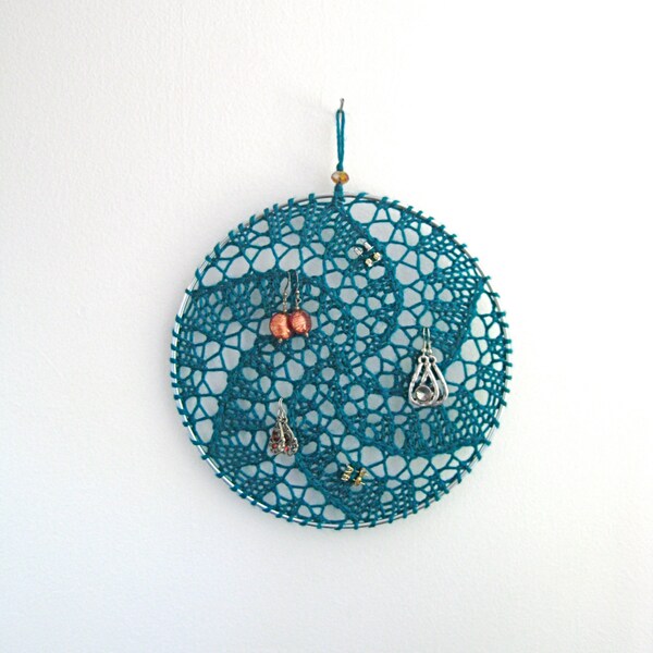 Oorbel houder in Teal Green, Sieraden Display Organizer - Fiber Art Wall Opknoping