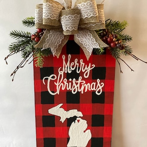 Hand Painted Red Buffalo Check Michigan Door Tag, with artificial flowers.