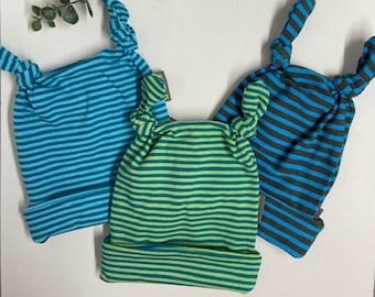 Baby Knötchen Mütze aus Jersey -Braun/ Türkis - Unisex - gestreiftes Design - Ideal für den Frühling