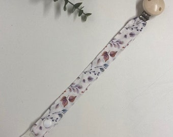 Schnullerband/Schnullerkette aus Baumwolle Stoff/ Personalisierbar mit Name...BOHO -....Blaue/ Lila Blätter....