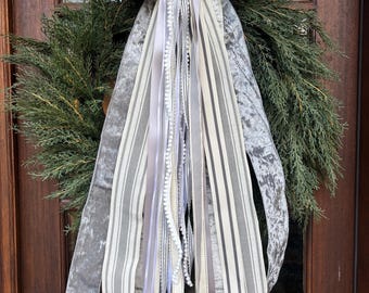 Wreath Ribbon and Bow, Silver, Winter White Birch Tree Wreath Topper