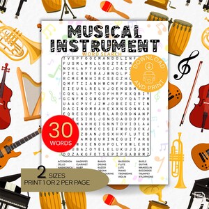 Op de afbeelding: Een woordzoekblad over muziekinstrumenten met een letterraster, een lijst van 30 te zoeken woorden en een achtergrondpatroon van diverse instrumenten zoals gitaren, trompetten en harpen. Het blad bevat teksten voor downloaden en afdrukken.