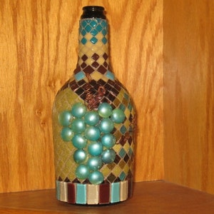 MOSAIC Wine Bottle Decorative Mosaic Wine Bottle Art, Grapes Motif, Mixed Media Mosaic Art,Chocolate Brown, Teal and Tan Mosaic Glass Gems image 1