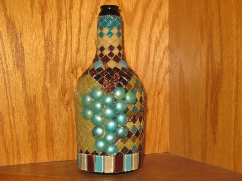 MOSAIC Wine Bottle Decorative Mosaic Wine Bottle Art, Grapes Motif, Mixed Media Mosaic Art,Chocolate Brown, Teal and Tan Mosaic Glass Gems image 1