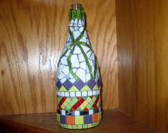 MOSAIC Wine BOTTLE,Multi-Colored Hand Cut Glass,Decorative Bottle Art,OOAK, White,Purple,Green,Orange,Yellow,Red,Glitter& Mirror Tile Accent