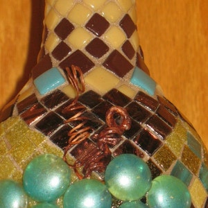 MOSAIC Wine Bottle Decorative Mosaic Wine Bottle Art, Grapes Motif, Mixed Media Mosaic Art,Chocolate Brown, Teal and Tan Mosaic Glass Gems image 2