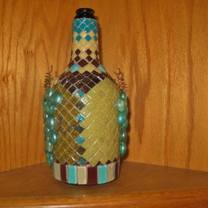 MOSAIC Wine Bottle Decorative Mosaic Wine Bottle Art, Grapes Motif, Mixed Media Mosaic Art,Chocolate Brown, Teal and Tan Mosaic Glass Gems image 4