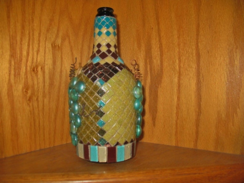 MOSAIC Wine Bottle Decorative Mosaic Wine Bottle Art, Grapes Motif, Mixed Media Mosaic Art,Chocolate Brown, Teal and Tan Mosaic Glass Gems image 4