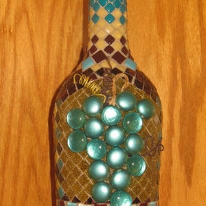 MOSAIC Wine Bottle Decorative Mosaic Wine Bottle Art, Grapes Motif, Mixed Media Mosaic Art,Chocolate Brown, Teal and Tan Mosaic Glass Gems image 5