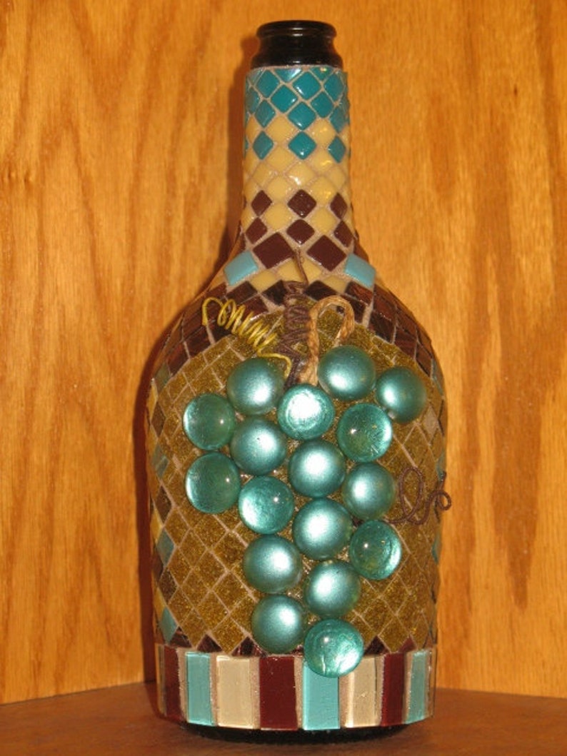 MOSAIC Wine Bottle Decorative Mosaic Wine Bottle Art, Grapes Motif, Mixed Media Mosaic Art,Chocolate Brown, Teal and Tan Mosaic Glass Gems image 5