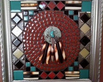 MOSAIC ART In Frame, Mixed Media,OOAK,Turquoise,Bone,Silver,Black,Coral,Wall Hanging,Native American Indian Design Style,Mosaic glass