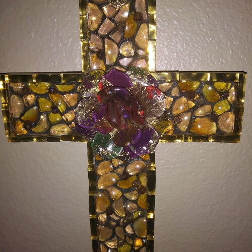 MOSAIC deals Wooden CROSS Floral / Heart Accents Iridescent Glass Gems Mosaic Glass Mixed Media Mosaic Wall ART Gold Mirror Tile ,Home Decor