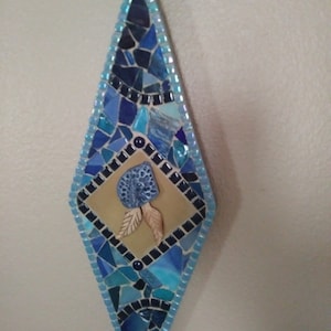 BLUE MOSAIC GLASS Wall Decor  Blue Mixed Media Mosaic Art Alligator Scoot Bone Feather Accent Hand Cut Mosaic Glass Design Ooak Gift