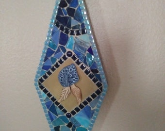 BLUE MOSAIC GLASS Wall Decor  Blue Mixed Media Mosaic Art Alligator Scoot Bone Feather Accent Hand Cut Mosaic Glass Design Ooak Gift