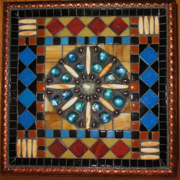 MOSAIC ART In Frame, Mixed Media,OOAK,Turquoise,Bone,Silver Beads, Black,Coral,Wall Hanging,Native American Indian Design Style,Mosaic glass