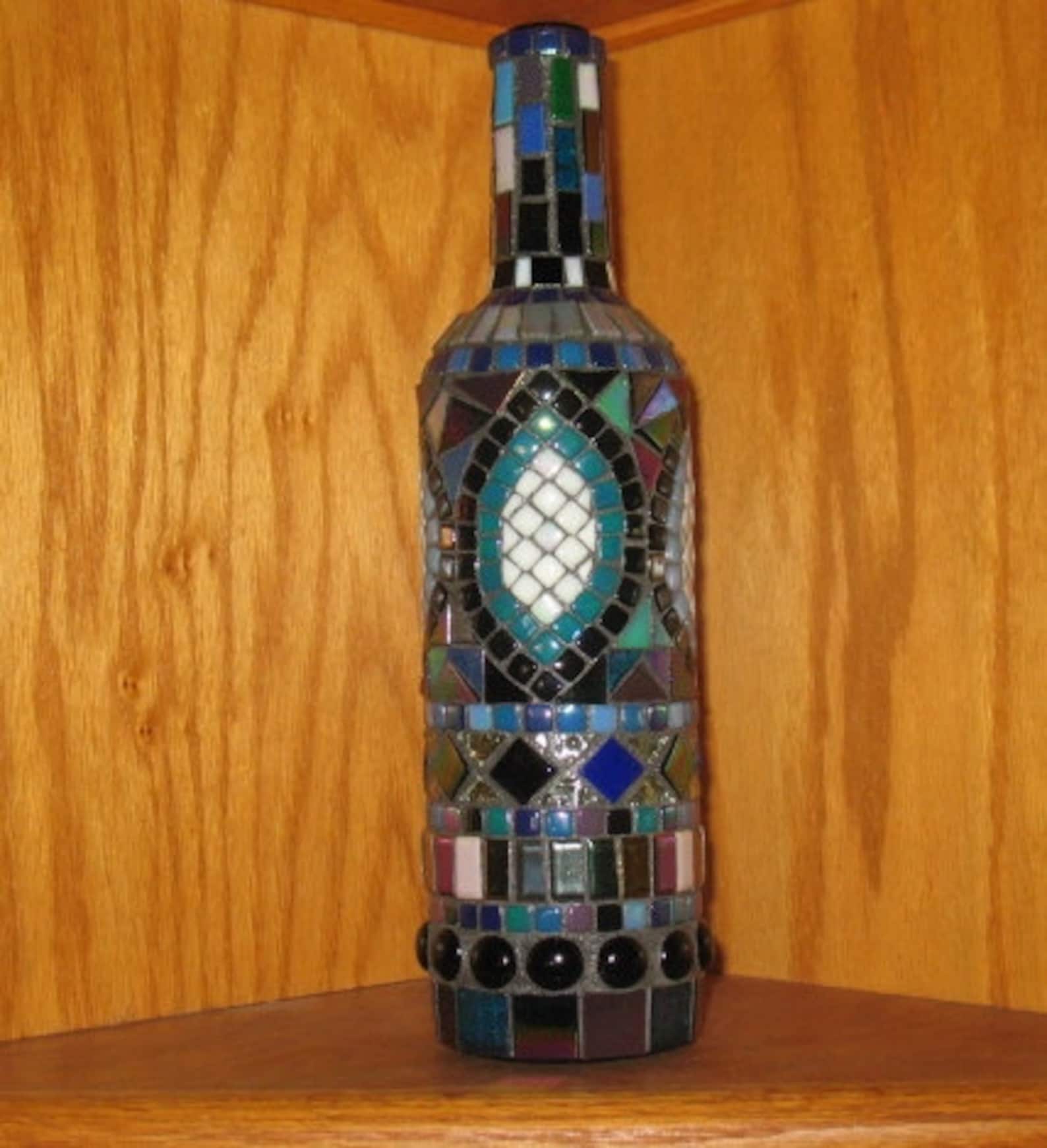 Decorative Bottle Art, MOSAIC Wine BOTTLE, Handmade, IRIDESCENT Glass