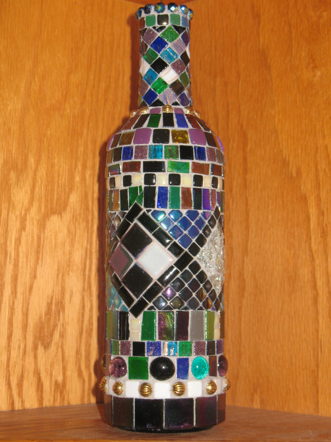 MOSAIC WINE Bottle...iridescent Glass Tiles, Diamond Shaped Pattern